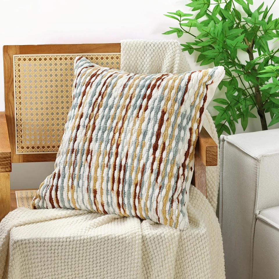 Funda de Almohada Boho Chenille Rayas 18x18 Pulgadas, Funda de Almohada Decorativa para Co... Foto 2 de 4