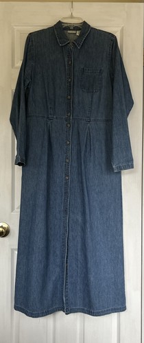 LL Bean Blue Denim Button Front Shirt Dress Long Midi Duster Sz 12 Tall Vintage - Picture 2 of 6