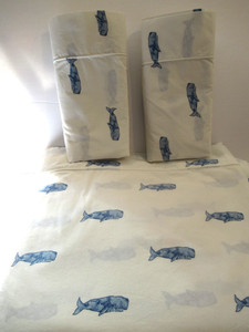 L L Bean Cotton King Flat Sheet / Cases Whales EUC
