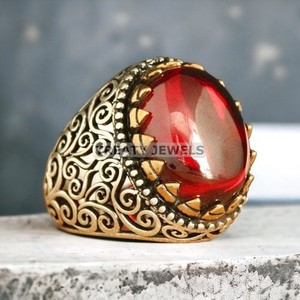 Authentic Garnet Oval Cut With 925 Sterling Silver Gold Plated Ring For Men's #683