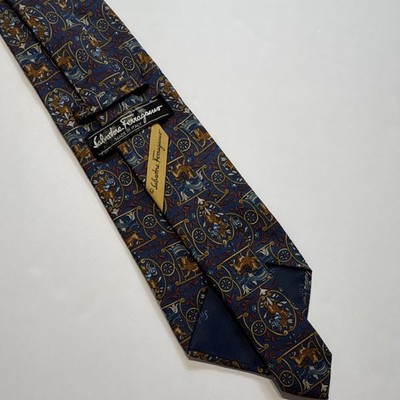 Salvatore Ferragamo Men's Silk Woven Animal Horse Blue/Gold Tie Italy