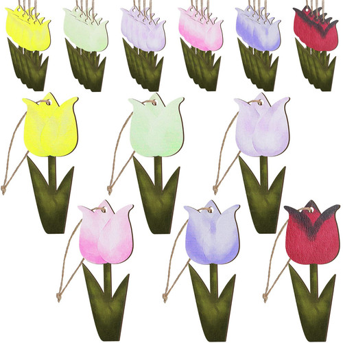 24 Pcs Spring Decorations Easter Ornaments for Tree Wooden Tulips Flower Hang... - Bild 1 von 7