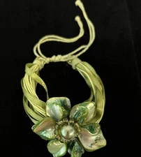 Green Enamel Flower Adjustable String Wrap Cuff Bracelet