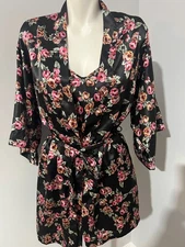 Val Mode Women Small Satin Robe & Nightgown Two Piece Set Black Floral Vintage