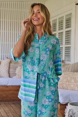 Jaase Tulum Malina Collection Blue Green Floral Shirt Striped Beach Size Small