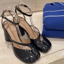 Womens Leather Buckle Shoes Ankle Strap Split Toe High Chunky Heels Chic Sandals