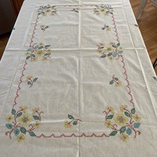 Vtg Stamped Cross Stitch Tablecloth 58x80" Large Rect Linen Lace Unwashed Floral
