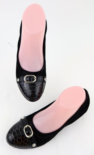 AGL Micro Dot Shimmer Suede Leather Croc Cap Toe Low Wedge Pump Black EU 38 US 8 - Picture 3 of 13