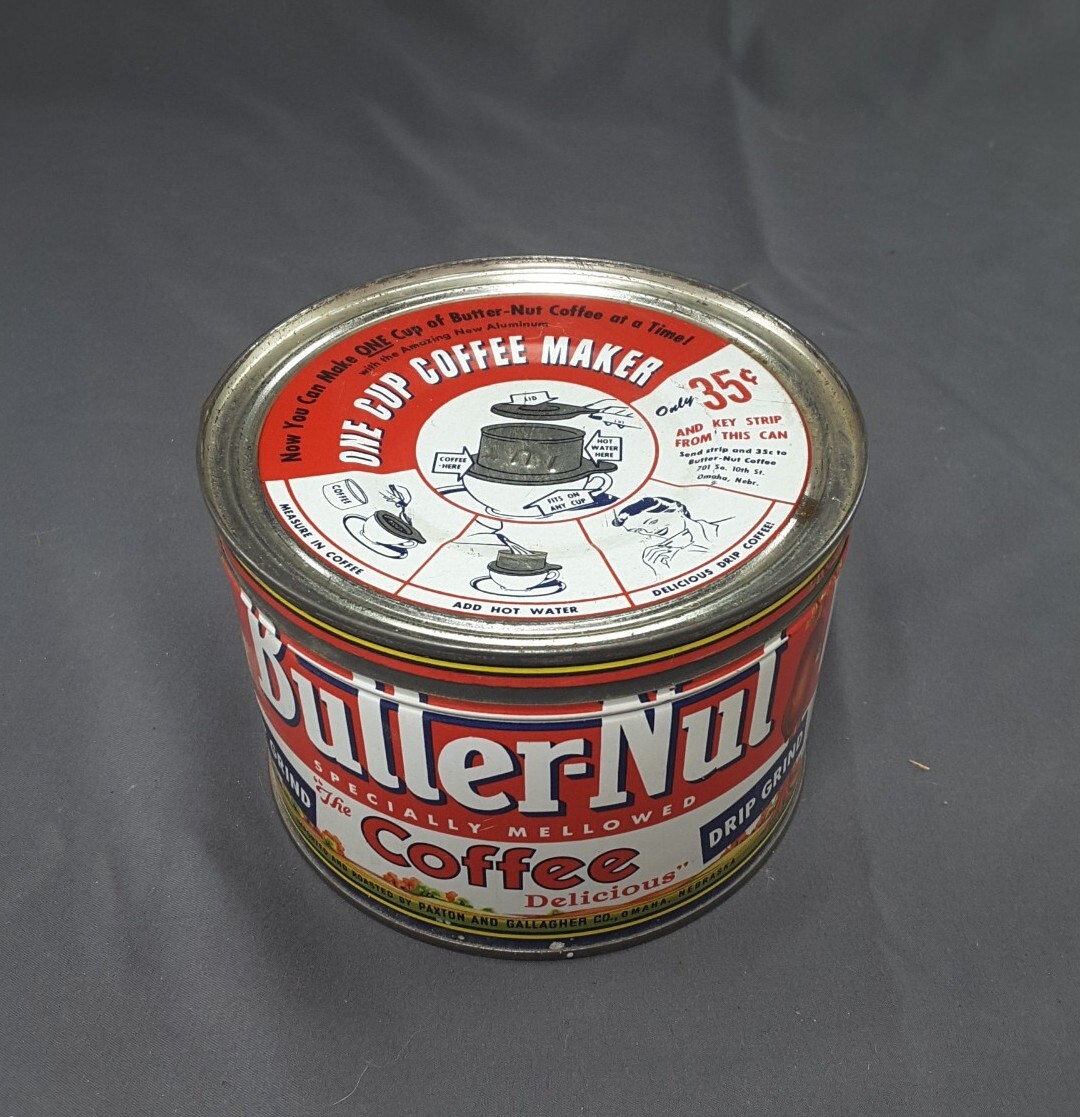 BUTTERNUT COFFEE Tin Can 1 lb Drip Grind w/ one cup coffee maker