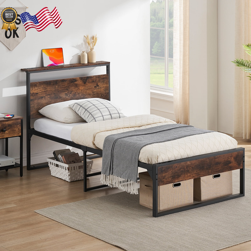 14" Twin Bed Frame with Headboard Power Outlets Platform Beds for Bedroom - Picture 4 of 12
