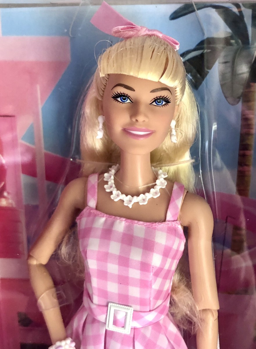 open lace back dress Barbie the Movie Doll Margot Robbie In Pink Gingham Dress