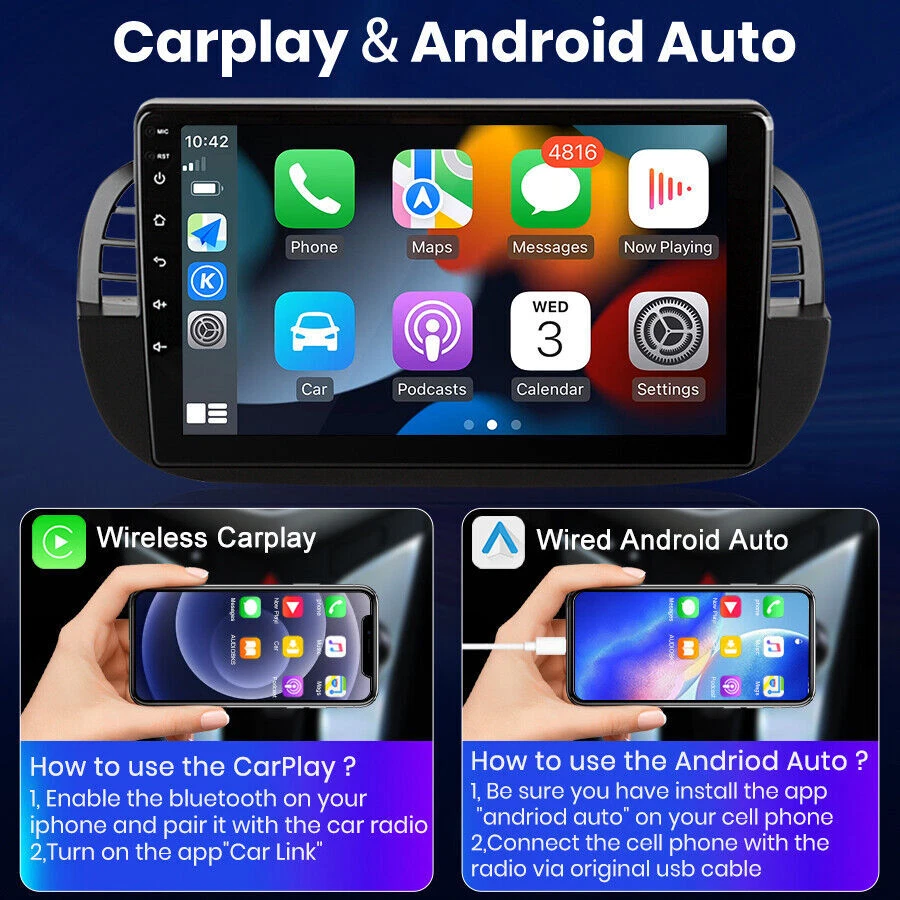 Autoradio 9" Apple Carplay Android12 32G GPS Navi RDS per Fiat 500 2007-2015 IPS - Immagine 3 di 4