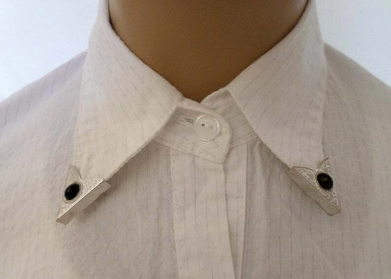 Мужские наконечники для воротника овальной огранки черный оникс вестерн чистое серебро 925 пробы - Изображение 3 из 4