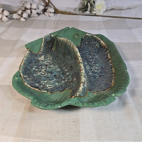Atemberaubende Vintage 2 Fächer Fischform Servierschale Grün Blau Gold MCM - Bild 5 von 10