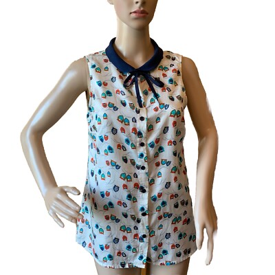 Ole by Koton Y2k Owls Top Blouse Button Bow S Peter Pan Collar Sleeveless