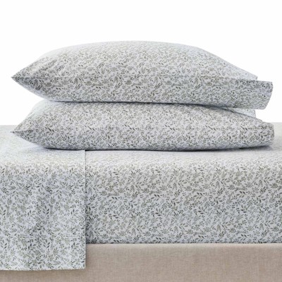 3-Piece 300 Thread Count Soft Silver Botanical Cotton Percale Sheet Set, Twin