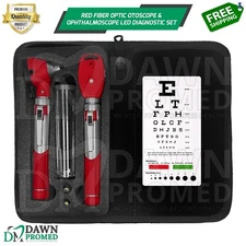 Fiber Optic Otoscope & Ophthalmoscope Examination LED Diagnostic ENT Set (Red)