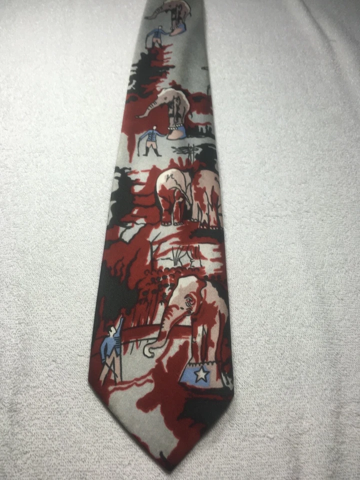 ВИНТАЖНЫЙ МУЖСКОЙ ГАЛСТУК FALLINI СЕРЫЙ КРАСНЫЙ РОЗОВЫЙ СЛОНЫ В ЦИРКЕ 4,25 X 56 - Изображение 2 из 4