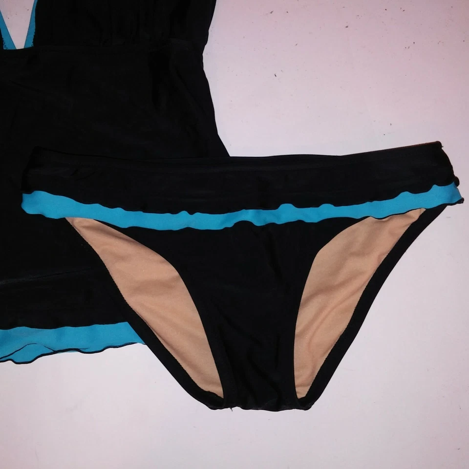 Shore Shapes Swim Tankini Size 8 Top & Bottom Black Blue Tank Ruffle Trim - Image 2 of 4