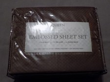 4 Piece Brown Microfiber Queen Sheet Set Squares Soft Bed Wrinkle Resistant NEW