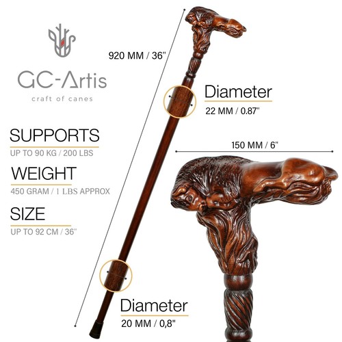 Wooden Walking cane stick Bison Bull Hand Carved Wood Crafted Ergonomic Handle R - Picture 2 of 7