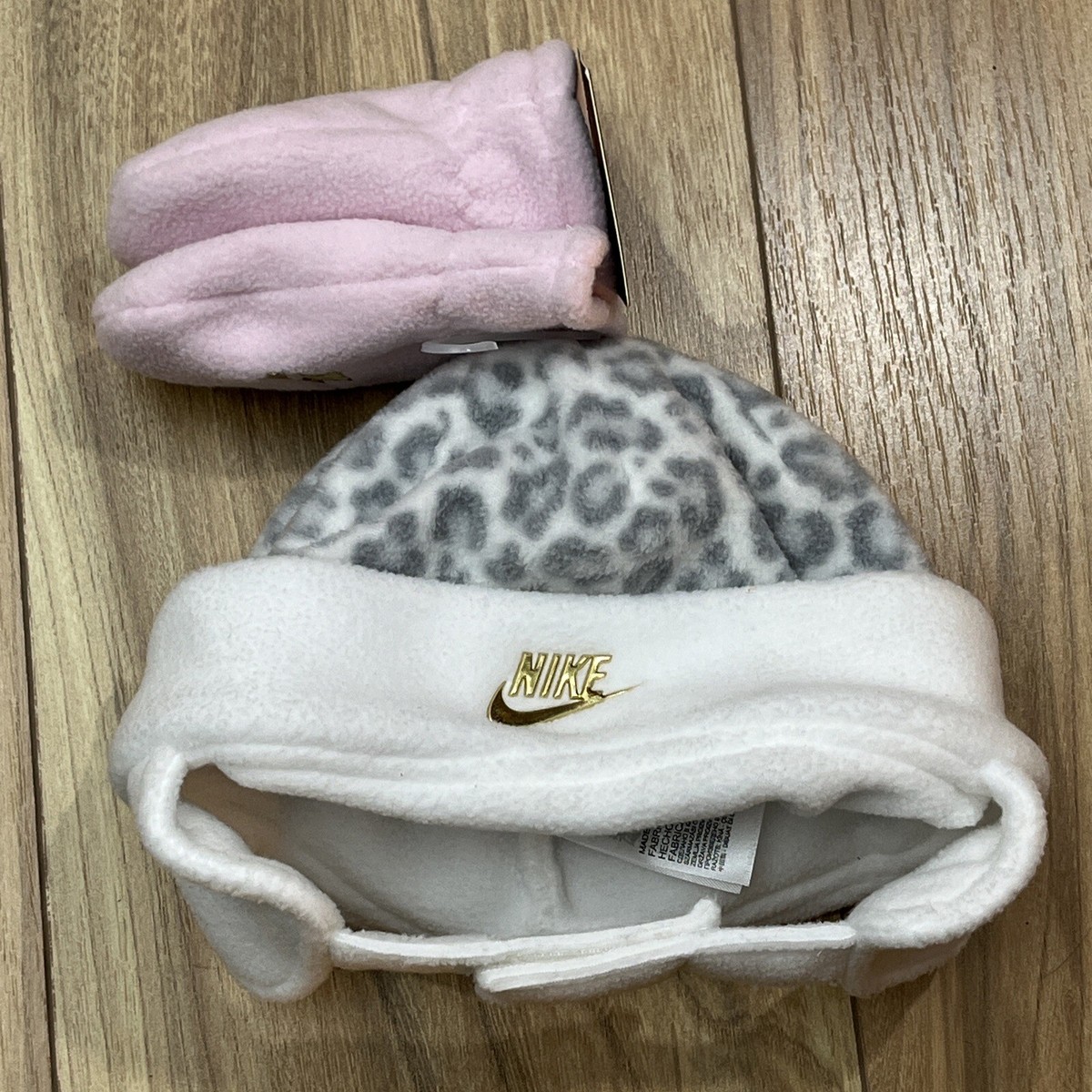 Baby Girls Nike Leopard Print Fleece Trapper Hat And Mittens Set