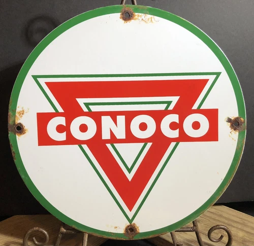 VINTAGE CONOCO GASOLINE TRIANGLE 11.75" PORCELAIN OIL SIGN PUMP PLATE
