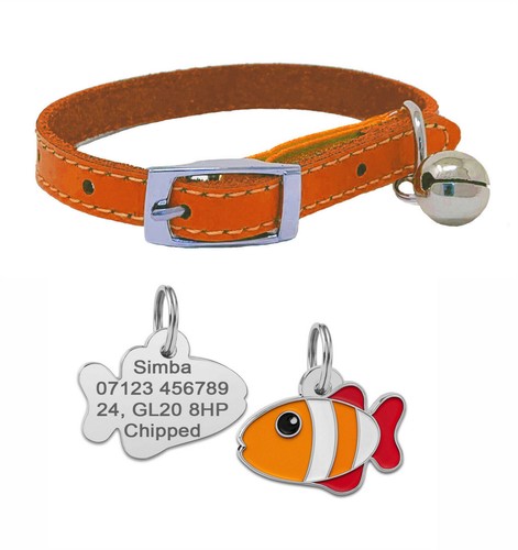 Leather Cat Collar with Safety Elastic, Bell & Personalised Engraved Fish Tag ID - Picture 3 of 19