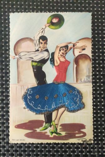 Carte postale tissu, brodée, signée Couple ESPAGNE danse flamenco Edition Rivas - Photo 1/2