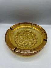 Vintage Blenko Amber Gold Cigar Ashtray 4-Slots Wiggly Line Dots 10.5" Heavy