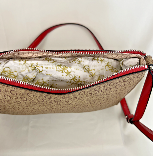 GUESS Womens Crossbody Handbag Birch Beige Red G Logo Bag - Picture 7 of 14