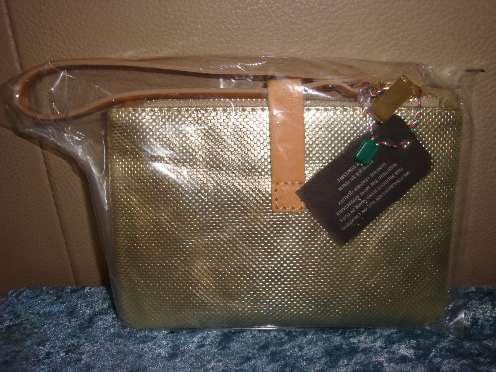 Italian Gold Leather Passport Holder Wristlet Made in Italy NWT-image