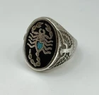 Vintage 925 Sterling Silver Men's Signet Turquoise Ring Scorpion Eagle Sz 12.5