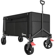 Folding Camping Trolley Cart w/ Openable Sides Adjustable Handle & Brakes Black