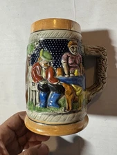 Vintage German Style Beer Stein Hand Painted Tavern Scene Dogs Ceramic Mug 