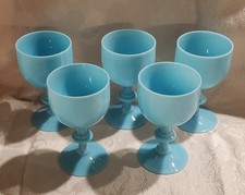 Vintage French Portieux Vallerysthal Blue Opaline Goblets Set Of 5 Mint Cond.