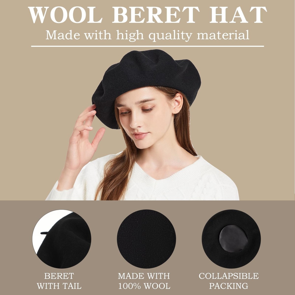 XXL 100% Wool French White Beret Hats for Men Women Classic  display picture 1