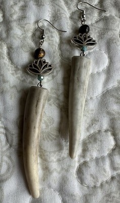 Elk Horn Handmade Drop Earrings- Lotus Flower & Tiger s Eye Bead-Rustic Looking