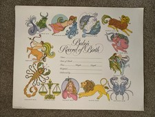1970s Vintage Zodiac Baby Birth Certificate Shower Gift Customizable Wall Art