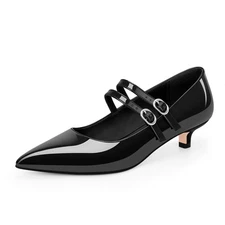 Women's Kitten Heel Mary Jane Pumps Pointed Toe Dress Shoes Double Buckle