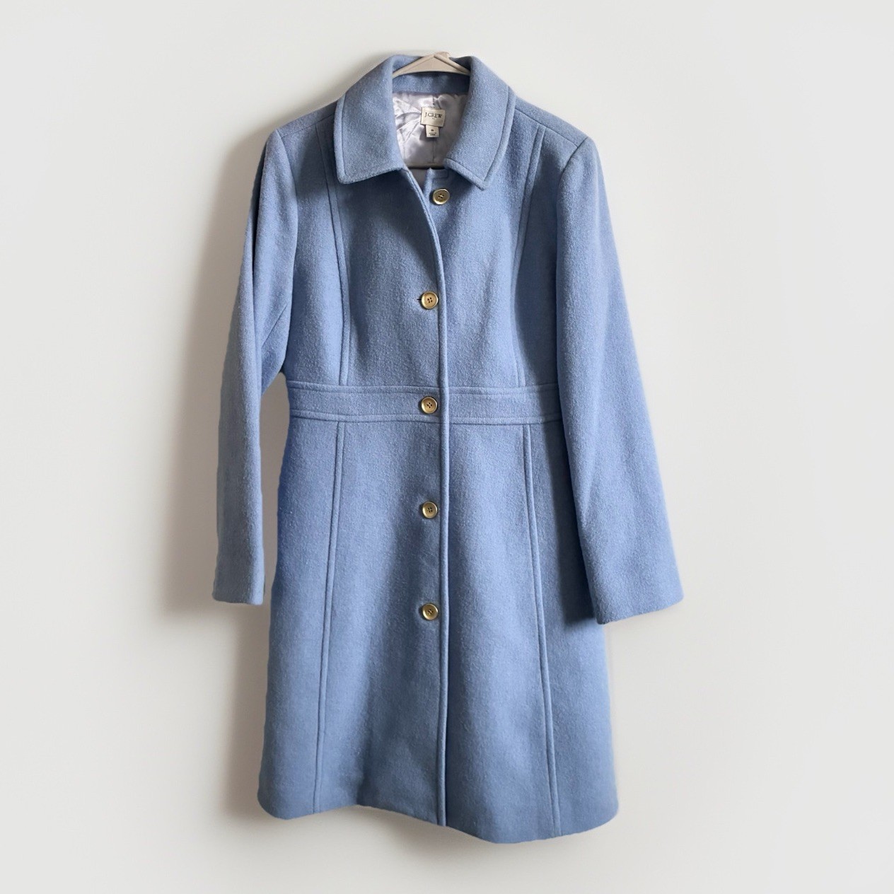 J Crew Lady Day Wool Blend Long Pea Coat Periwinkle Blue Gold Buttons Womens 8