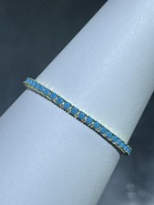 18k Gold Sterling Silver Blue Turquoise Round Cut Classic Tennis Bracelet 7" L