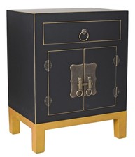 Chinesischer Nachtschrank Schwarz Gold Asia Kommode Ming Chinoiserie