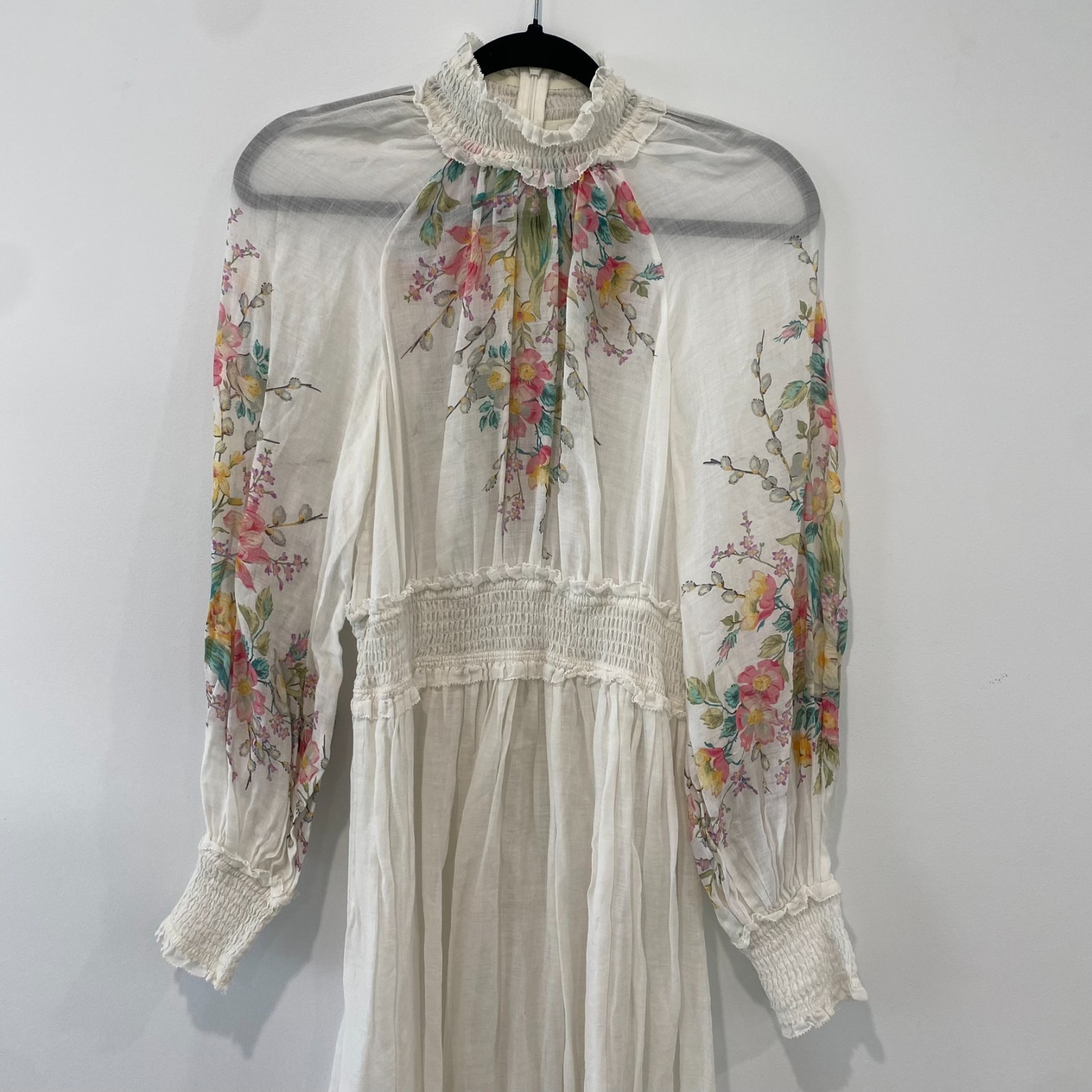 Zimmermann Zinnia Shirred Floral Dress Size 1  AU 10 US 6 - White Ramie Midi