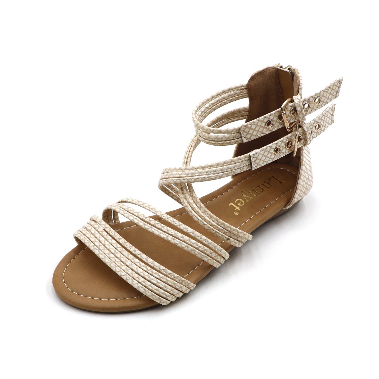 Women's Gladiator Flat Sandals, Strappy Ankle Strap with Gold-Tone Buckle