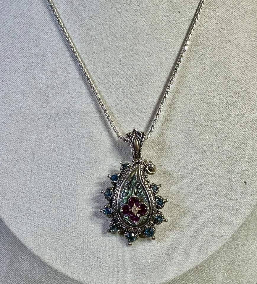  Barbara Bixby 925 Silver 18k Gold Garnet & Topaz Paisley Pendant/Necklace Lot#6 - Image 2 of 4