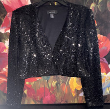 R M Richards Women's Black Sequin Open Front Long Sleeve Lined Bolero XL
