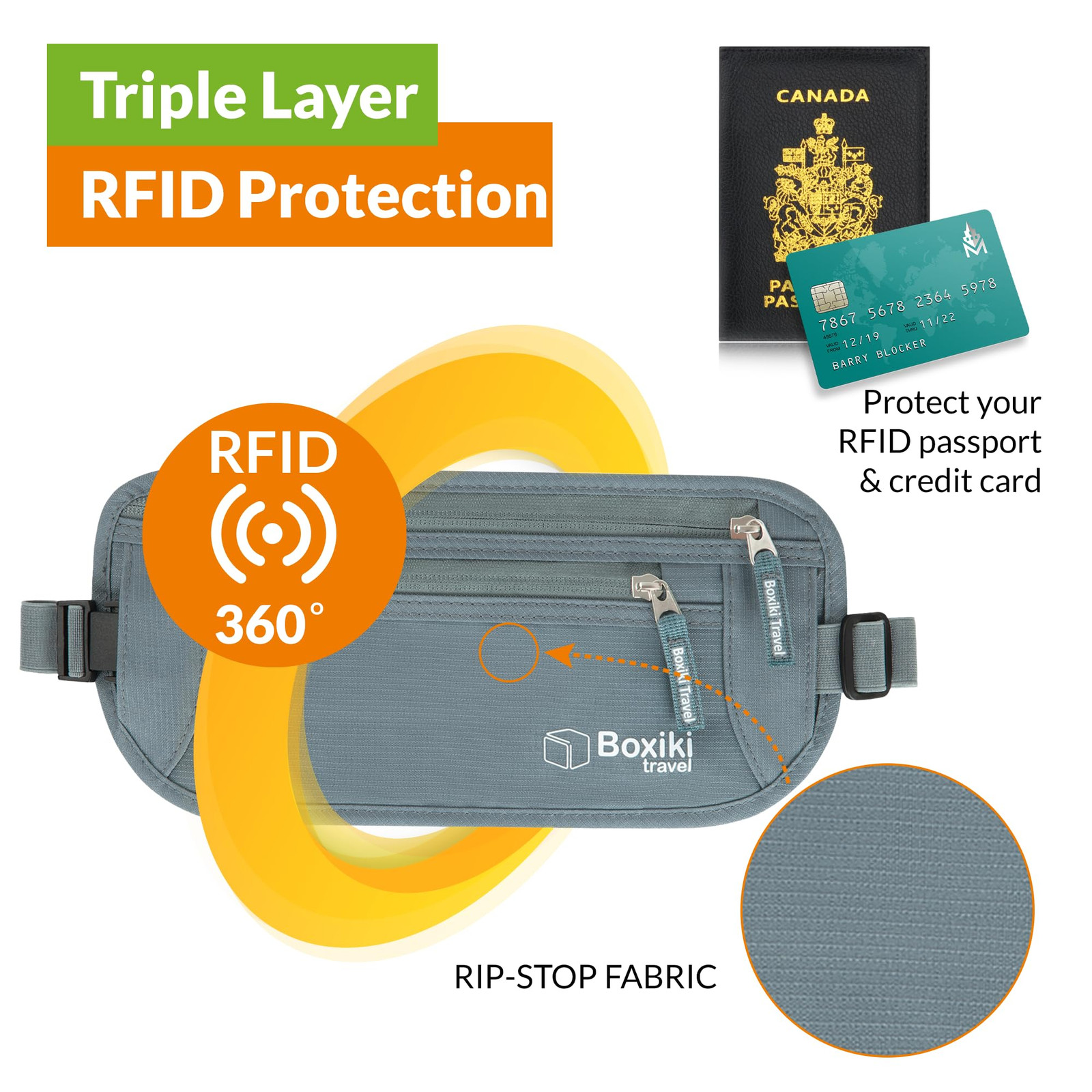 , Gray Money Belt + RFID Sleeves Set of 8 Pcs | RFID Blocking Secure Waist Ba...