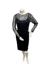 Papell Studio Dress Gown Balck Sequin Sparkle Fitted Knee Party Size 8