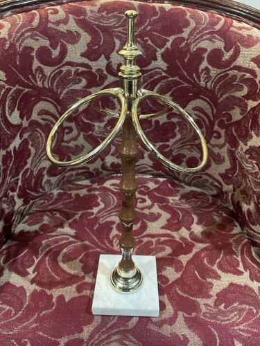 Scarf Organizer Holder Brass & Wood w/ Marble Base Vintage Estate Sale Find